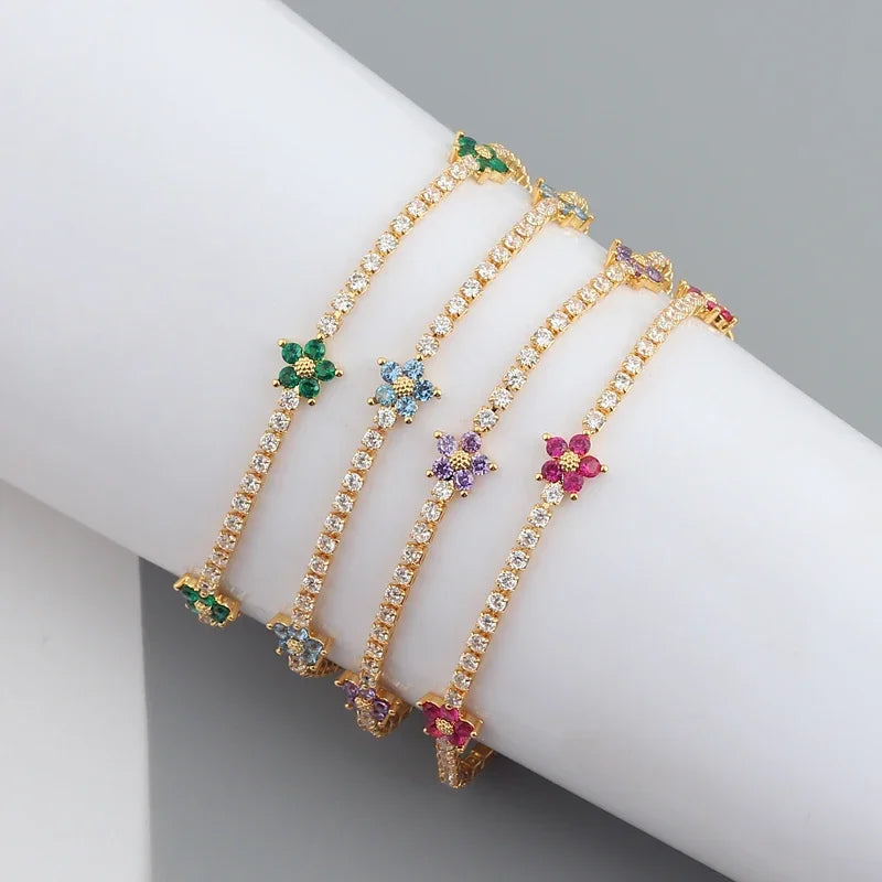 Luxury Rainbow CZ Flower Tennis Chain Bracelet For Women Girls Iced Out Bling CZ Paved Colorful Daisy Flower Bracelet
