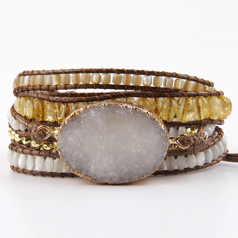 Fashion Bohemian Jewelry Bracelet Mixed Natural Stones Multicolor Big Druzy Charm Handma Wrap Bracelets Gift
