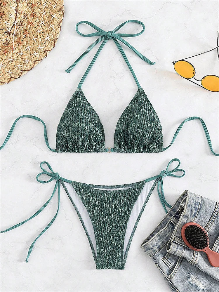 Sexy Green 2 Piece Bikinis Sets Women Halter Metal Stap Push Up Swimsuit 2024 Summer Lace Up Beach Bathing Suit Thong Swimwear