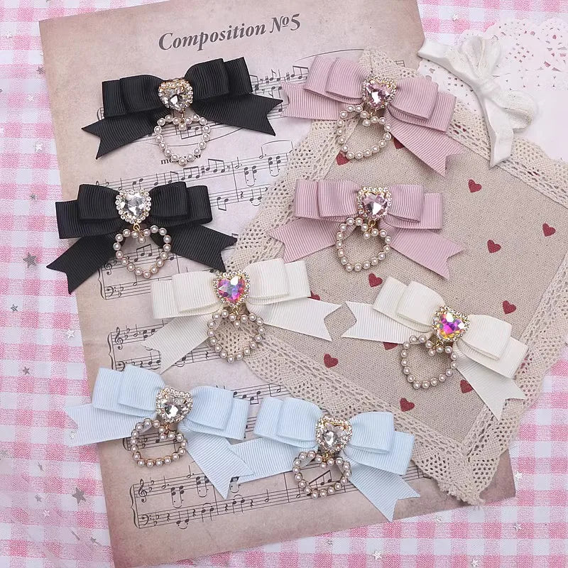 Bow Hair Clip Buckles for Girl Woman's Heart Diamond Hairpin y2k Accersories Trendy Lolita Hairclip Handmade