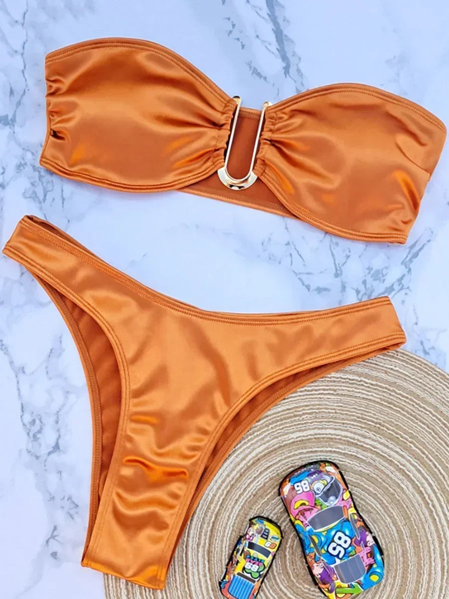 Shiny Bandeau Bikinis 2025 Strapless Bikini Female Swimsuit Women Swimwear Two-pieces Bikini Set High Cut Bathing Suit Swim Lady
