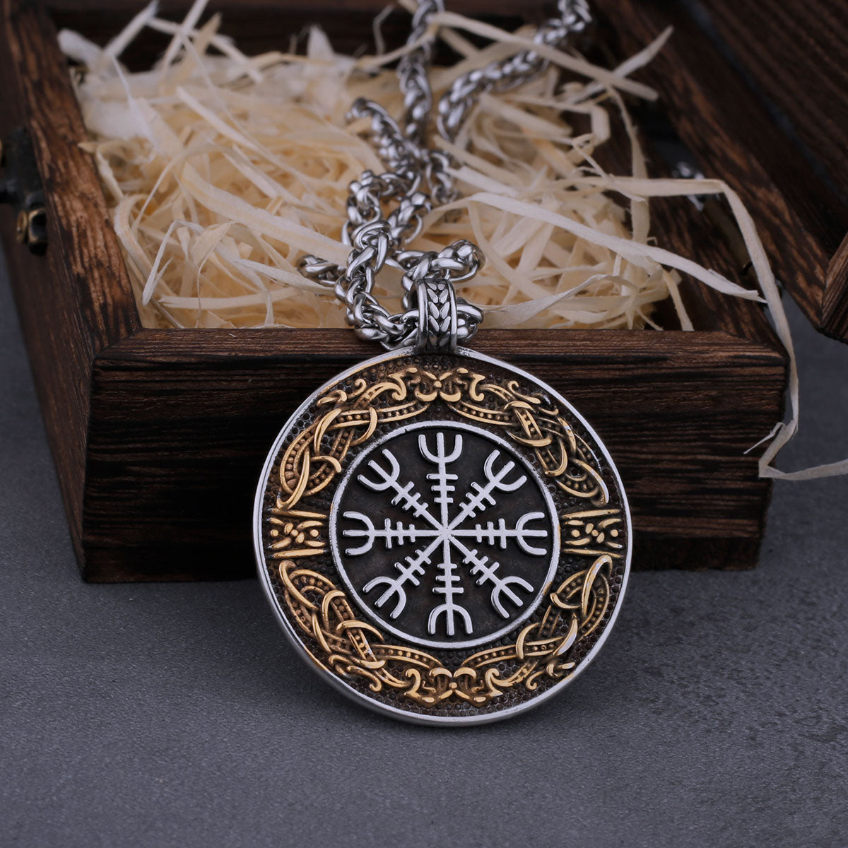 Stainless Steel Men's Viking Blend Ouroboros Helmet of Awe Necklace Hip Hop Vintage Pendant Scandinavian Jewelry Gift