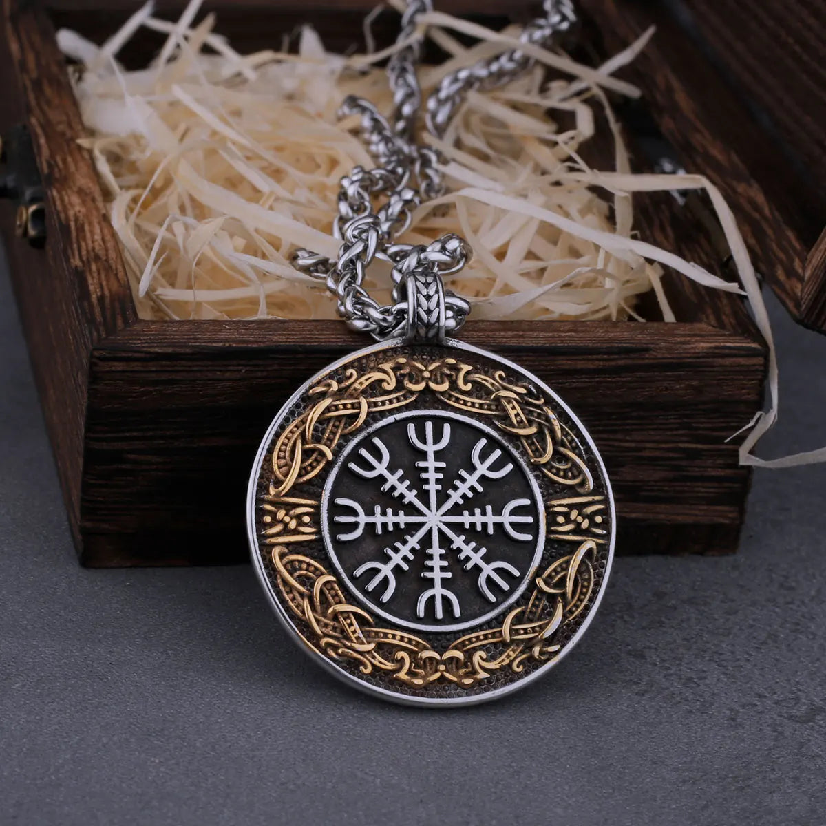 Stainless Steel Men's Viking Blend Ouroboros Helmet of Awe Necklace Hip Hop Vintage Pendant Scandinavian Jewelry Gift