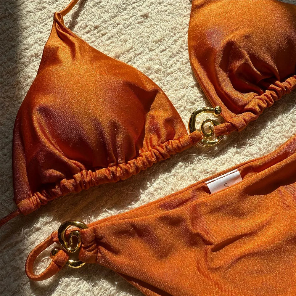 Solid Orange Swimwear Metal Ring String Halter Triangle Micro Bikini Thong Sexy Swimsuit Women 2025 Bathing Suit Bikinis Sets