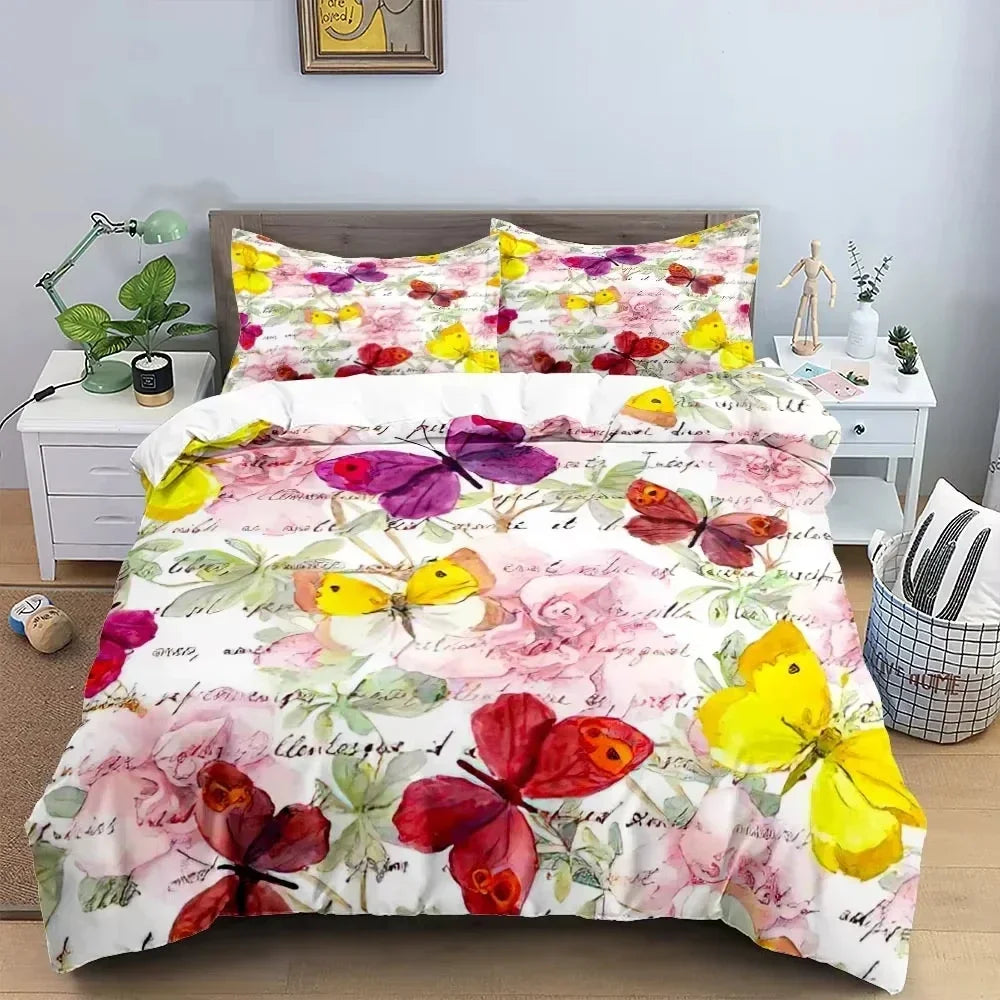 3D Butterfly Flowers Duvet Cover Luxury Home Bedding Set 3 Piece Set with 2 Pillowcases Zipper Family Colleague Christmas Gift