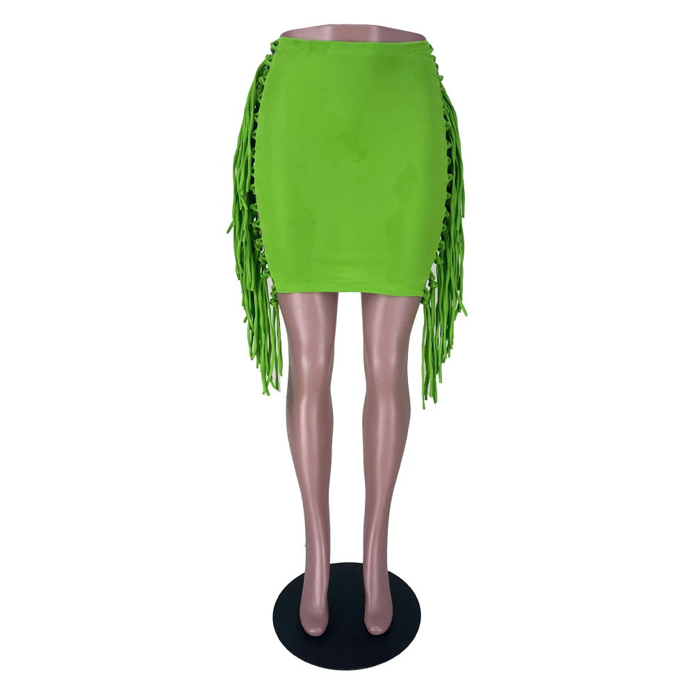 Sexy Wrap Women Mini Skirts Solid Bodycon Streetwear Skirts 2022 Summer Chic Hollow Out Tassel Y2K Style Bottom Outfits