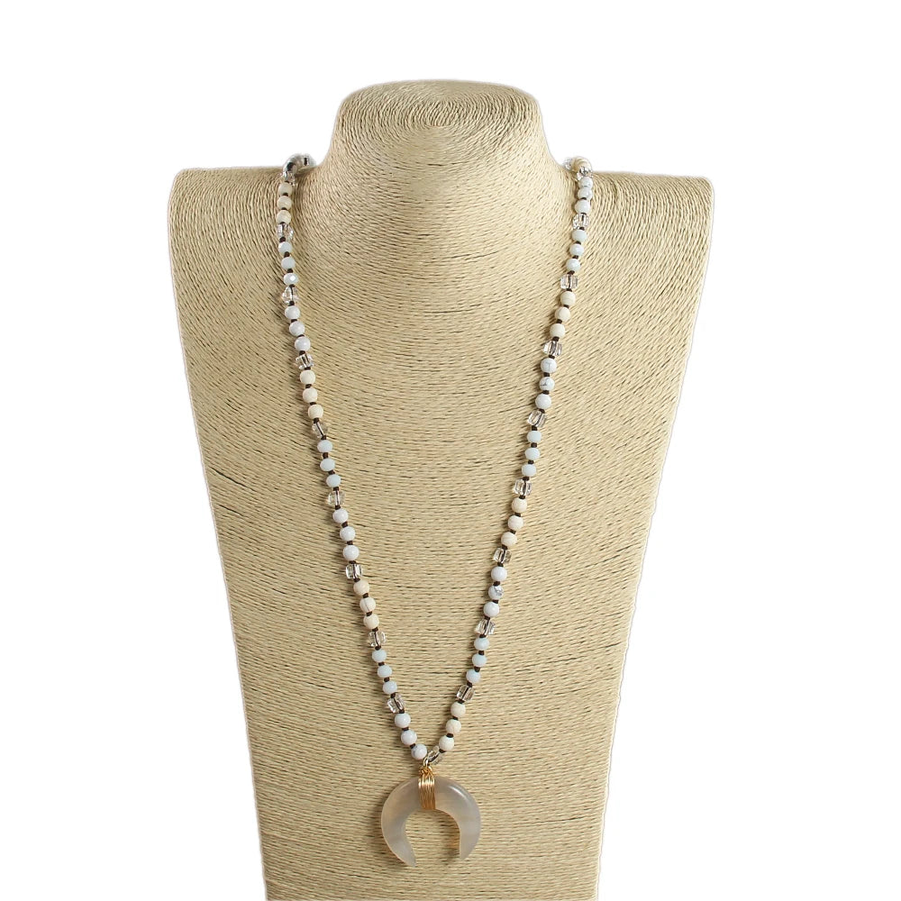 New Natural Crystal Aventurine Jade Agate Bull Horn Pendant 6mm Natural Stone Glass Knot Necklace Sweater Chain Women's Gift