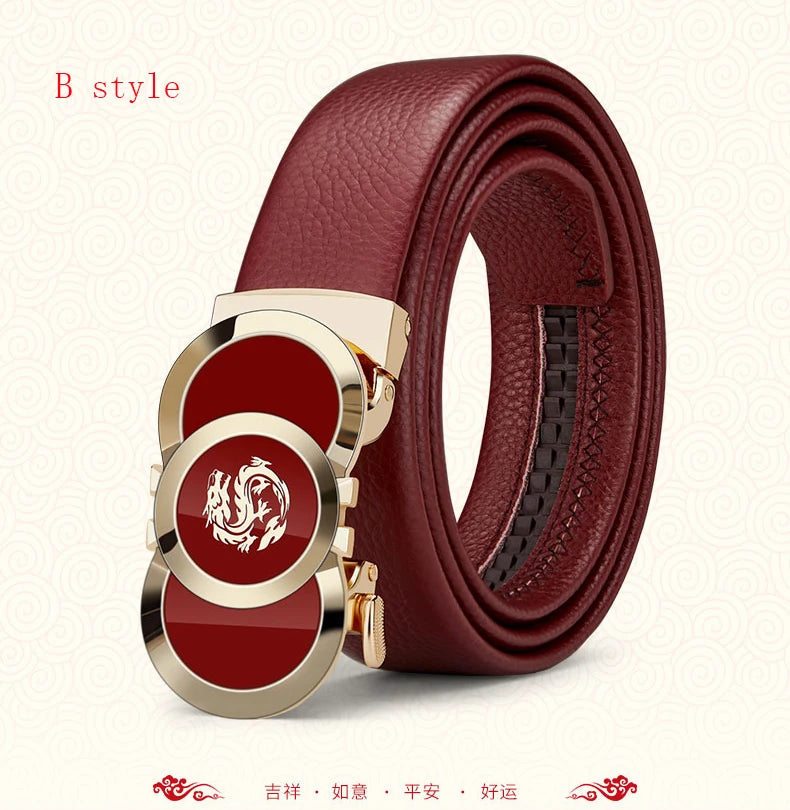 Genuine leather Chinese style men's belt, red belt, automatic buckle, personalized belt