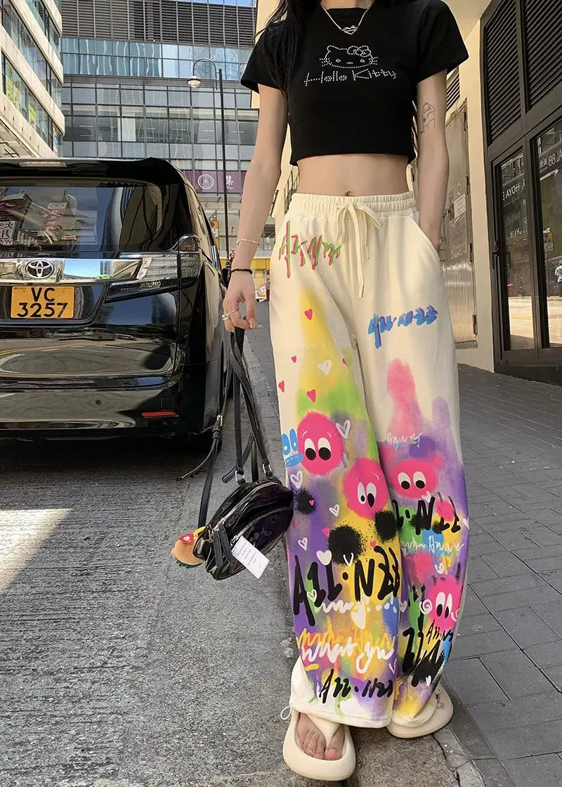 Kawaii Cute Dopamine Graffiti Casual Pants Women Tie Dye Summer Elastic High Waiste Drawstring Pockets Loose Wide Leg Trousers