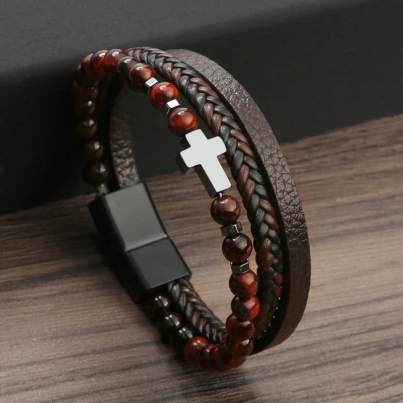 Prayer Men Natural Stone Beads Rosary Cross Bracelets Multilayer Leather Bracelet Women Yoga Meditation Jewelry Homme Pulsera