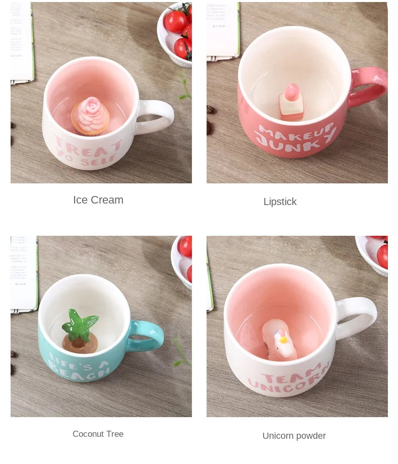 Cute Cartoon Coffee Figurine Mugs with Animal Inside, Ceramic 3D, Uincorn, Love Novelty Cup, Christmas Gift for Friends, Kids
