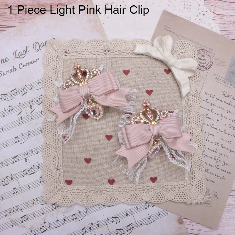 Kawaii Lo Bow Hair Accessories Headdress Girl Women's Sweet Cute Bow Crown Rhinestone Side Clip Lolita Hair Clip Lace Hairpin