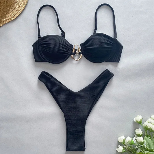 Sexy Black Push Up Bikini 2025 Women Swimwear Wrinkled Underwired Swimsuit High Cut Bathing Suit Metal Ring Bikinis Sets Biquini