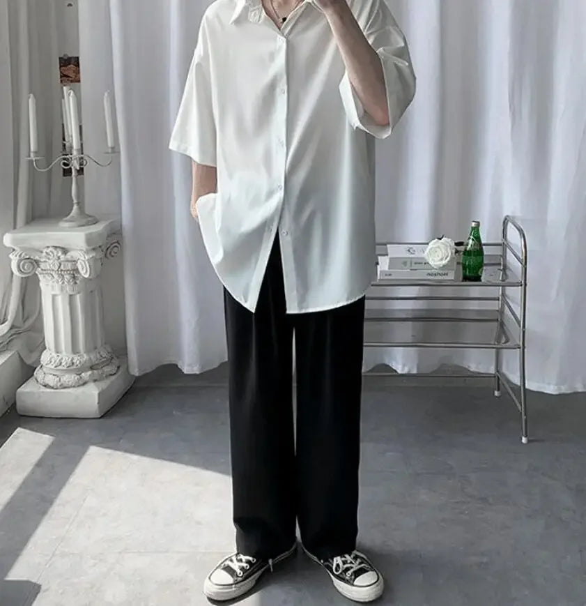 Clothes Short Sleeve Black Male Top Plain Men's Shirt And Blouse With Collar Korean Style Xxl Luxury Summer Original Silk Luxury