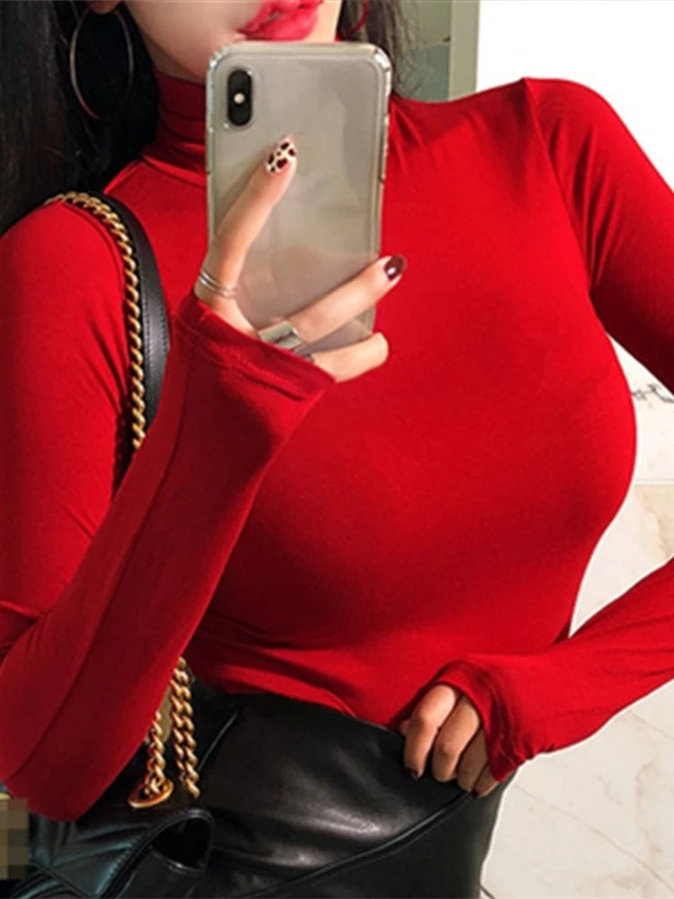 T Shirt Women Turtleneck Spring Top Sexy Elasticity T-Shirt Korean Tee Woman Clothes Slim Tshirt Female Skinny Long Sleeve Tops