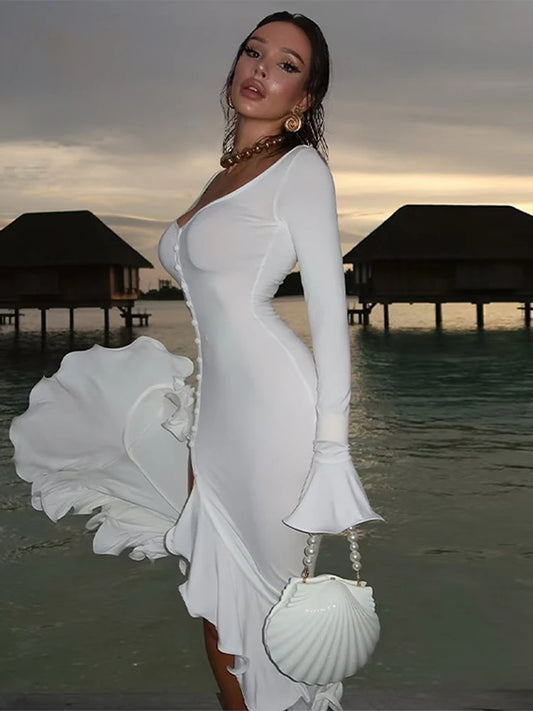 Flounce Solid Color Slim Dress Woman Single Breasted Deep V-Neck Flared Sleeve Irregular Hem Dresses Elegant Women's Slit Dress