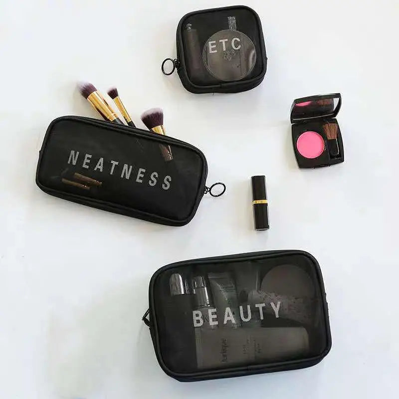 Transparent Mesh Makeup Bag Women Travel Toiletry Wash Cosmetic Bag Storage Case Letter Printed Zipper Make Up Bags 3 Size