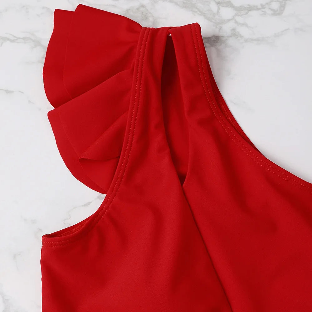 One Shoulder Bikinis 2025 Women Ruffle Swimsuit Solid High Waist Swimwear Female Padded Bathers Bathing Swimming Suit Beachwear