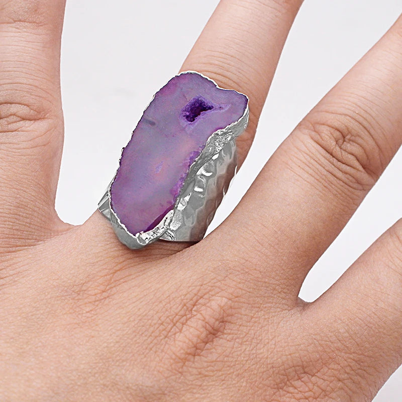 Irregular Geode Stone Agate Slices Open Ring for Women Girls  Silver Color Boho Resizable Finger Jewelry