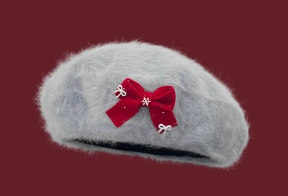 Autumn and Winter Elegant Pearl Plush Beret Japanese Style Handmade Lolita Snowflake Love Heart Bow Tie White Hat for Women Caps