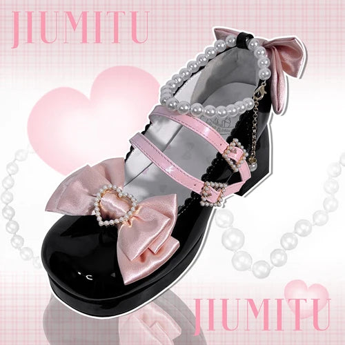 Lolita Shoes New Japanese Cute Round Head Pearl Bow Clips Leather Shoes Pumps Women Mary Jane Shoes High Heels Girls