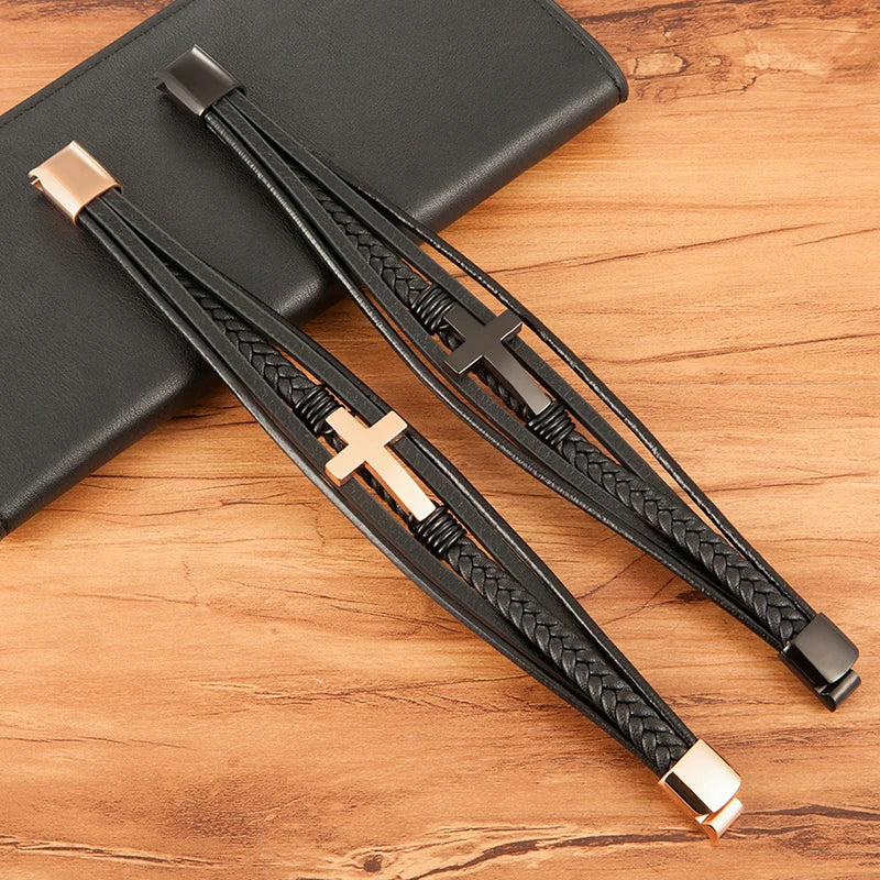 Men's Cross Bracelets Luxury Design Stainless Steel Bangles Classic Leather Bracelet Men Accessories Wrist Band Male Gift