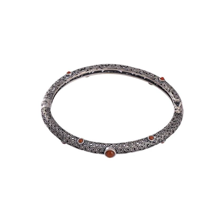 925 silver vintage ethnic style classic southern red tourmaline bracelet for women fine openwork bangles party jewelry