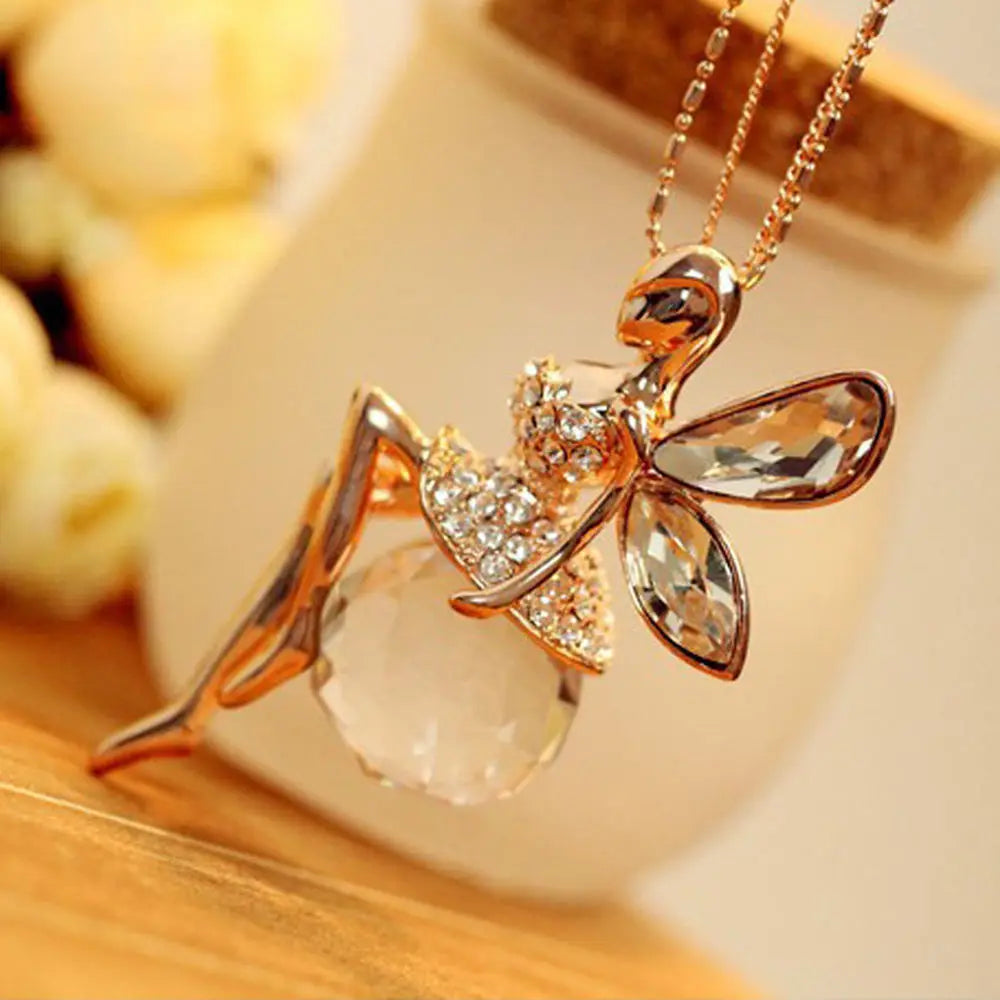 Elegant Charm Crystal Angel Wing Pendant Necklace Vintage Sweater Long Chain Butterfly Fairy Dangle Necklace Jewelry for Women