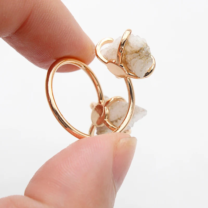 Irregular Crystal Cluster Open Ring for Women Girls Claw Setting Gold-color Boho Natural Stone Finger Jewelry Resizable