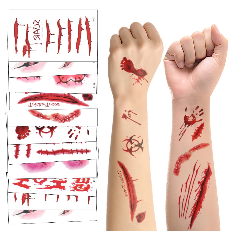 30Sheets Halloween Bloody Wound Tattoo Stickers Scary Waterproof Temporary Tattoos Halloween Party Decoration Adult Kids Gift