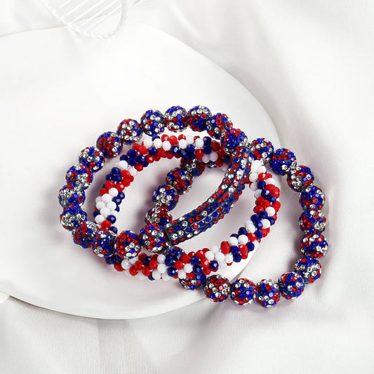 New American Independence Day 3pcs Stack Bracelet Set 10mm Red White Blue Mixed Rhinestone Ball Glass Beaded Elastic Bracelet