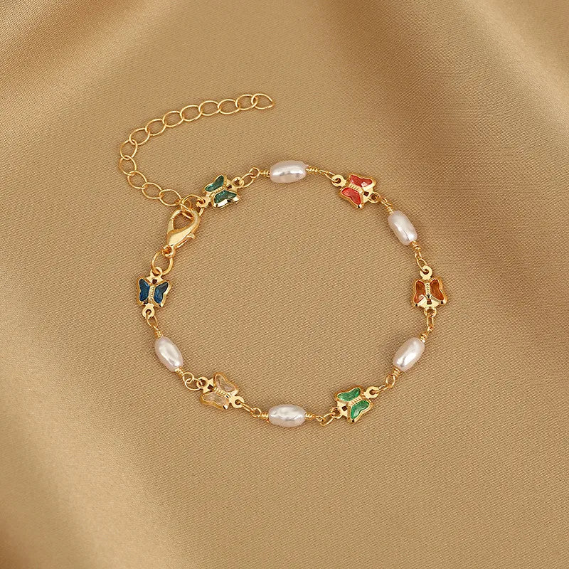 Exquisite Boho Candy Color Heart Shaped Crystal Bracelet for Women Fashion Charm Zircon Butterfly Pearl Metal Chain Bracelets