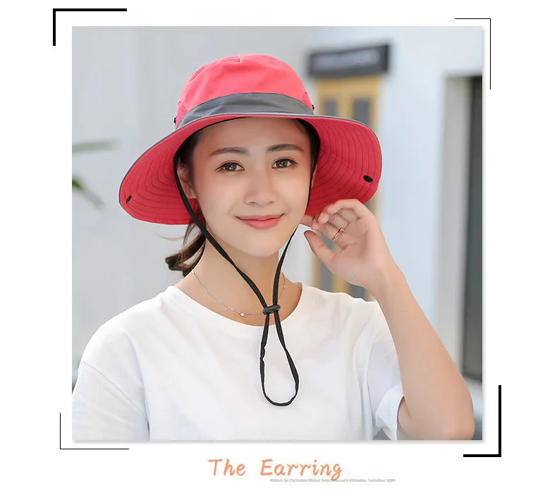 Women Summer Adjustable Bucket Hat with a Ponytail Hole Girls Sun Protection Hiking Cap Parent-child Outdoor Wide Brim Headgear
