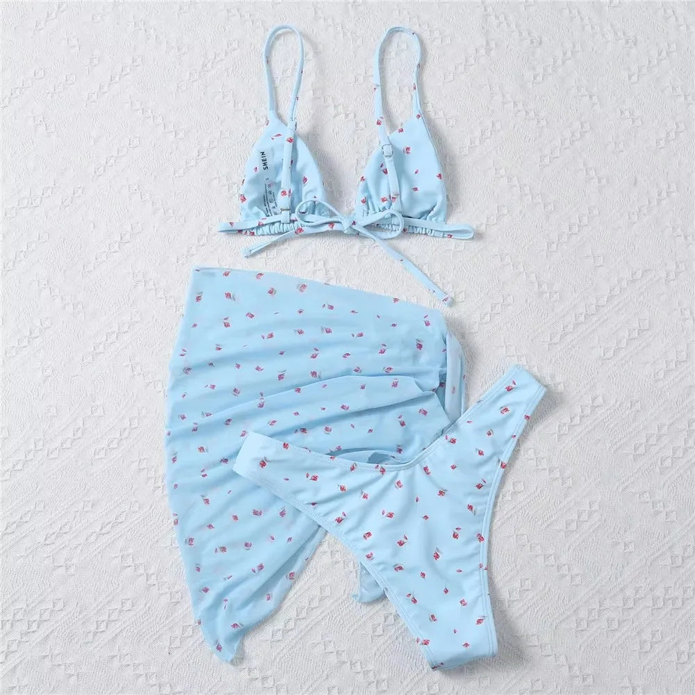 Sexy Black Floral Print Holiday Swimwear String Triangle 3 Piece Bikini Set Sexy Swimsuit Women Biquinis 2025 Bikinis De Mujer