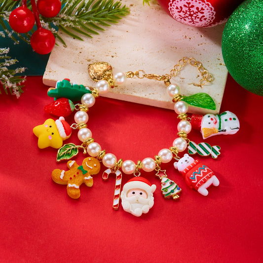 Handmade Christmas Tree Deer Bell Beads Bracelet for Women Charms Bracelet Girl Friendship Party Festival Jewelry Gifts