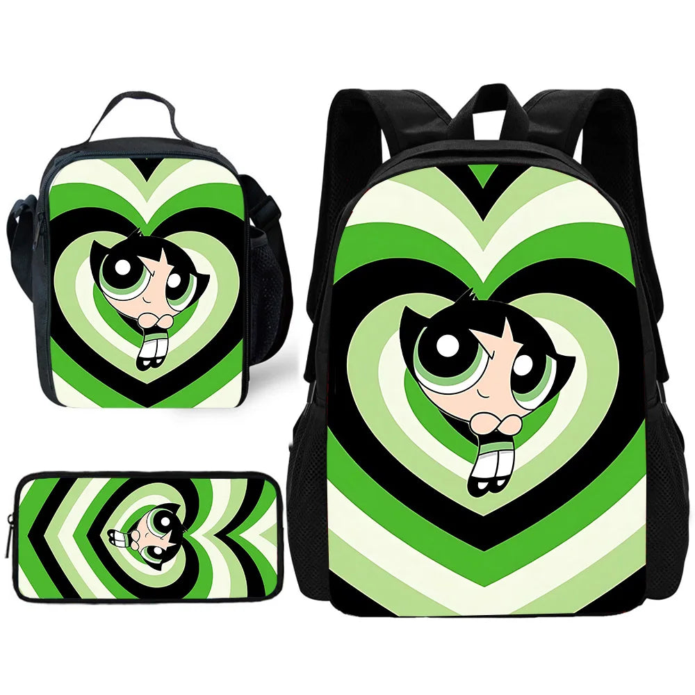 Cute P-PowerpuffS Girls 3 pcs set Child School Backpack with Lunch Bags ,Pencil Bags ,School Bags for Boys Girls Best Gift