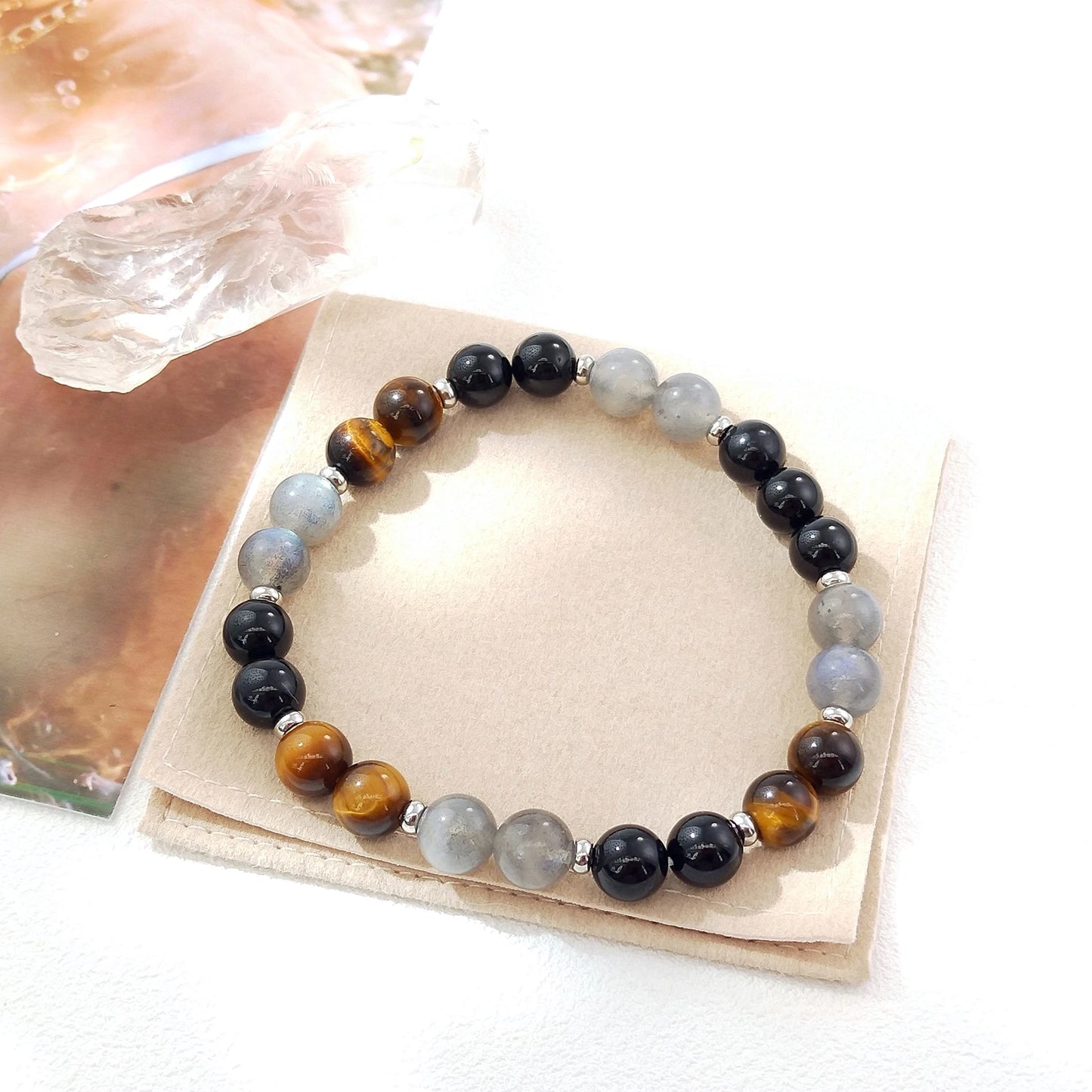 Lii Ji Natural Black Tourmaline Tiger's Eye Labradorite 8mm Elastic Bracelet