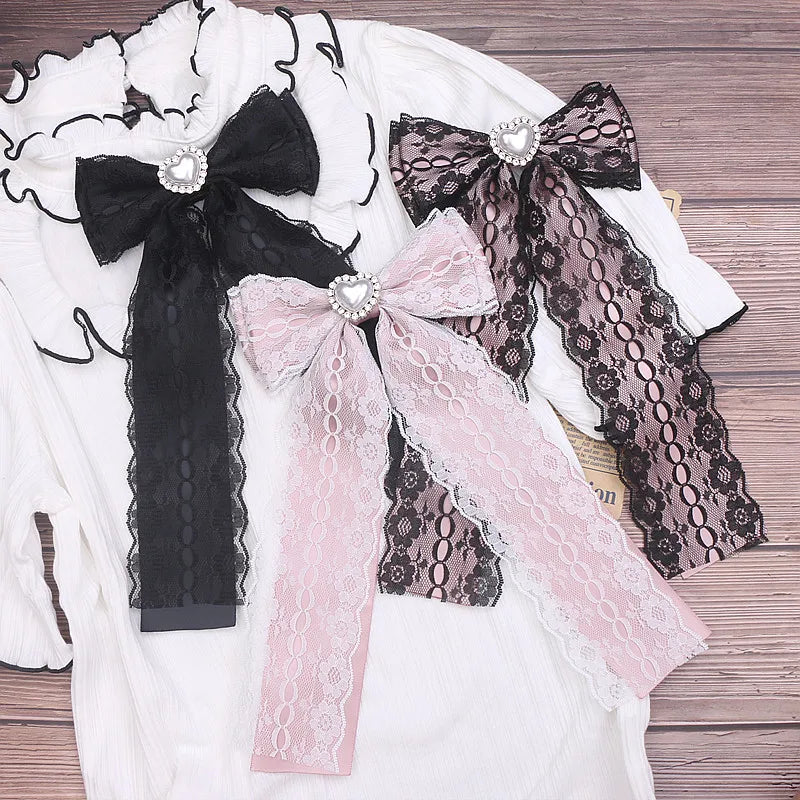 Girl Accessories Beaded Handmade Japanese Style Bow Tie Sweet Cute Mine Lace Big Bow Love Pearl Bow Tie for Women Femme