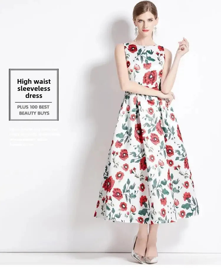 Summer New Long Floral Print Dress Big Hemline Slimming Fashionable Umbrella Skirt Style Sleeveless Women's Dress