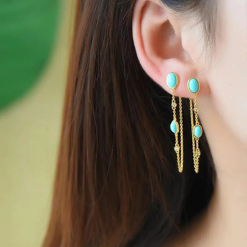 New original Turquoise long Tassel Earrings Chinese style retro unique ancient gold craft light luxury Christmas gift