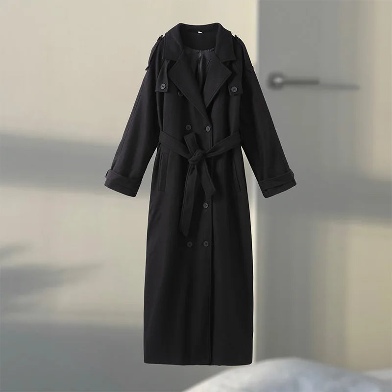 Elegant Woolen Long Coats Women Double-breasted Turn-down Collar Full Sleeves Jackets 2025 Autumn Winter Fashion Outwears Lady