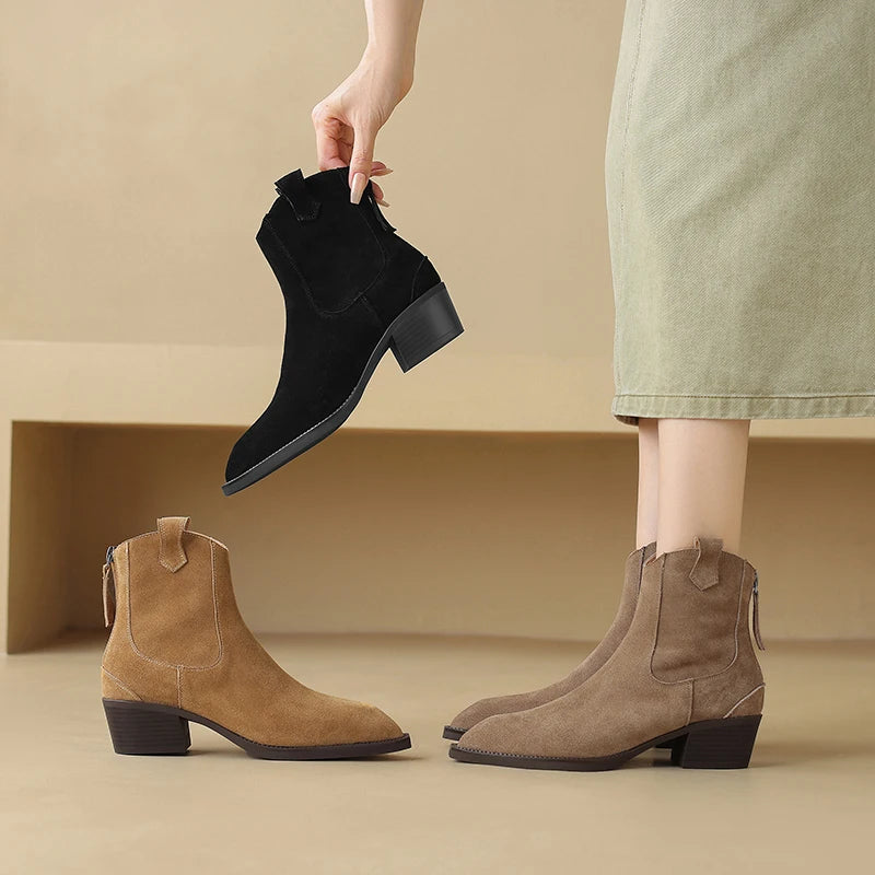 2025 Autumn Winter Trend Cow Suede Women Western Boots Black Brown Khaki Purple Green Burgundy Pointed Toe Ladies Ankle Boots