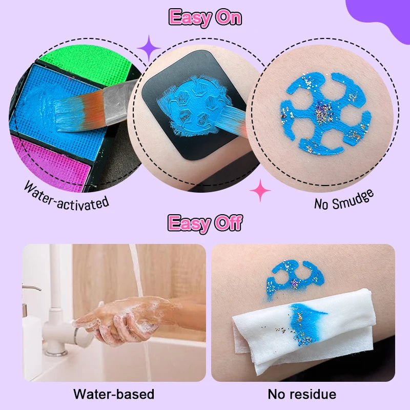 42-Colors Water-Based Face & Body Painting Kit,UV Neon Glitter Fluorescent Paint Makeup,Face Body Paint Art Festivals Halloween
