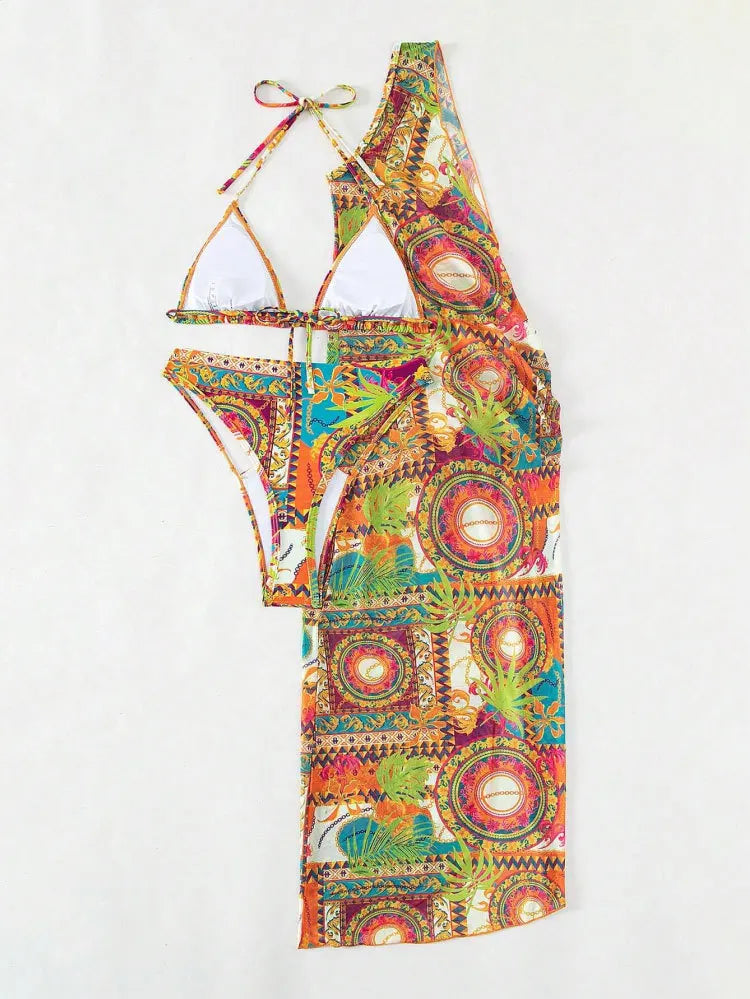 Cikini-One Shoulder Mesh Beach Skirt for Women, Sexy Bikinis Set, Summer Swimsuit, Bathing Suit, Three Piece