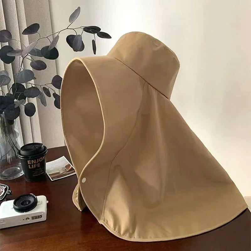 Summer Large Shawl Sun Protection Hat For Women Beach Travel Anti-UV Sunshade Fisherman Hat Wide Brim Sunscreen Ponytail Cap