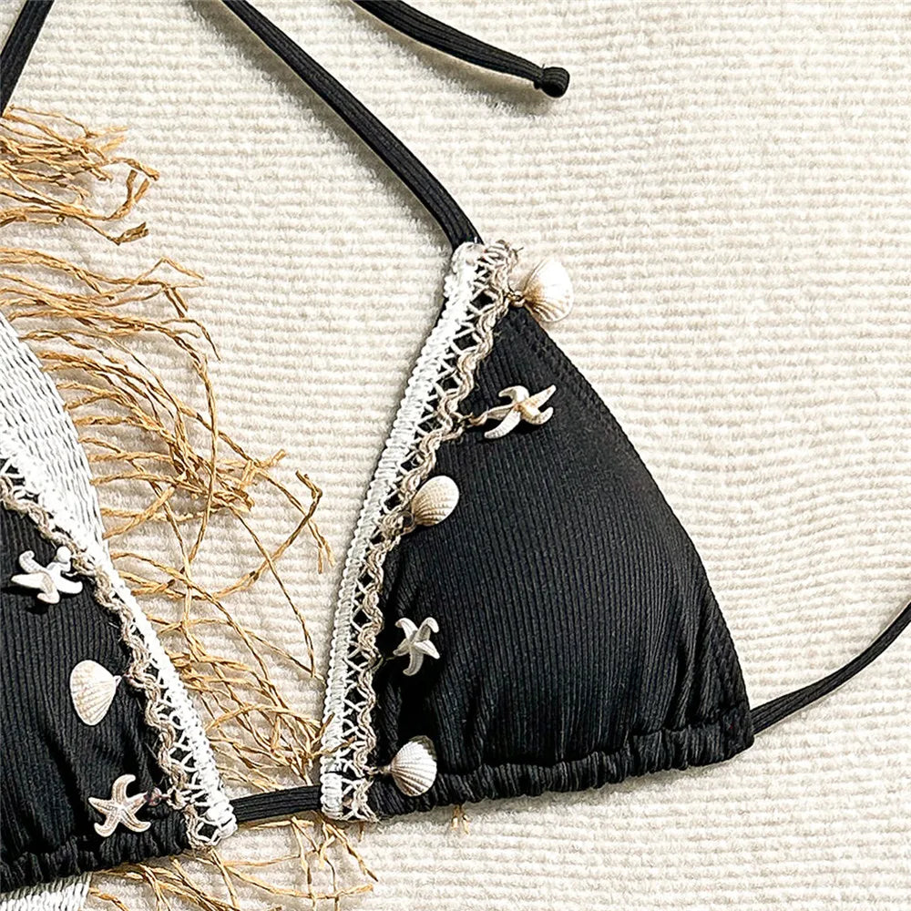 Shell Decoration Swimwear String Halter Bikinis Sets Micro Thong Sexy Swimsuit Women 2025 Bathing Suit Purple Triangle Bikini