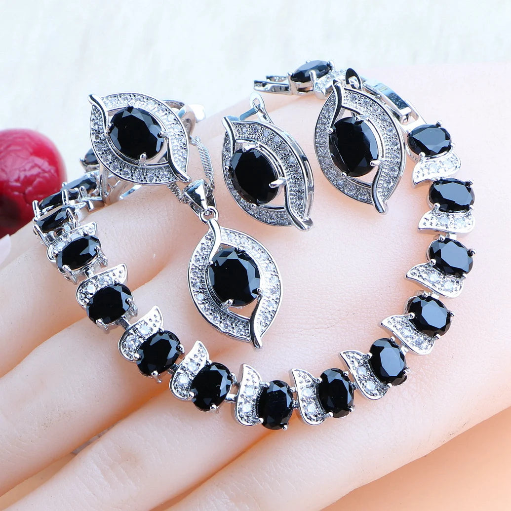 Natural Magic Rainbow Zirconia Jewelry Sets 925 Silver Wedding For Women Rings Pendant Necklace Earrings Bracelets Bridal Set