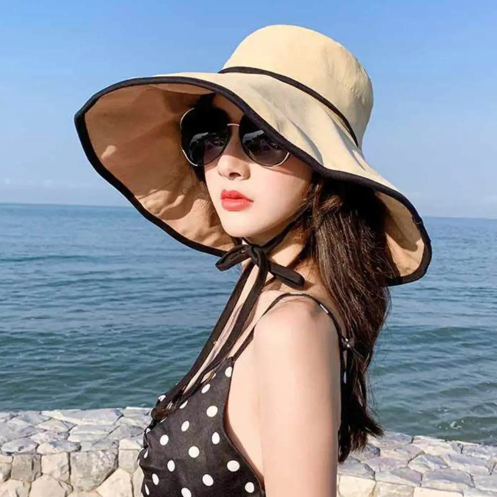 Solid Color Wide Brim Sun Hat Korean Style Anti-UV Sun Protection Hat Fisherman Hat with Neck Rope Women Bucket Hat Ladies