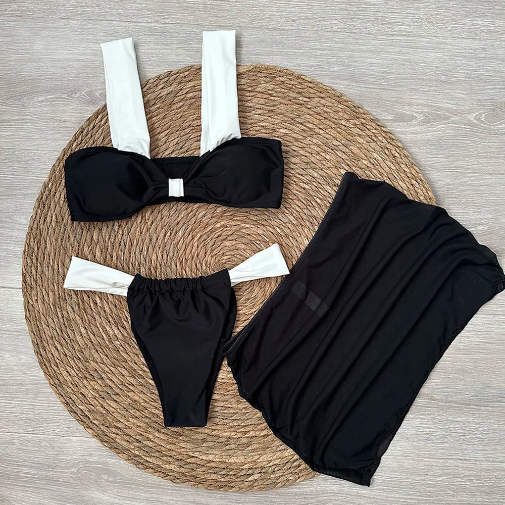 3 Pieces Bikini Set Wiht Mini Skirt Women Swimwear 2024 Sexy Bikinis Push Up Beachwear Solid Bodysuit Micro Thong Biquini Female