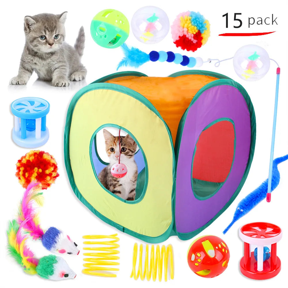 Cat Toy Mouse Shape Ball Foldable Cats Play Tunnel Chat Funny Cat Tent Simulation Fish Combination Set Kitten Supplie Accessorie